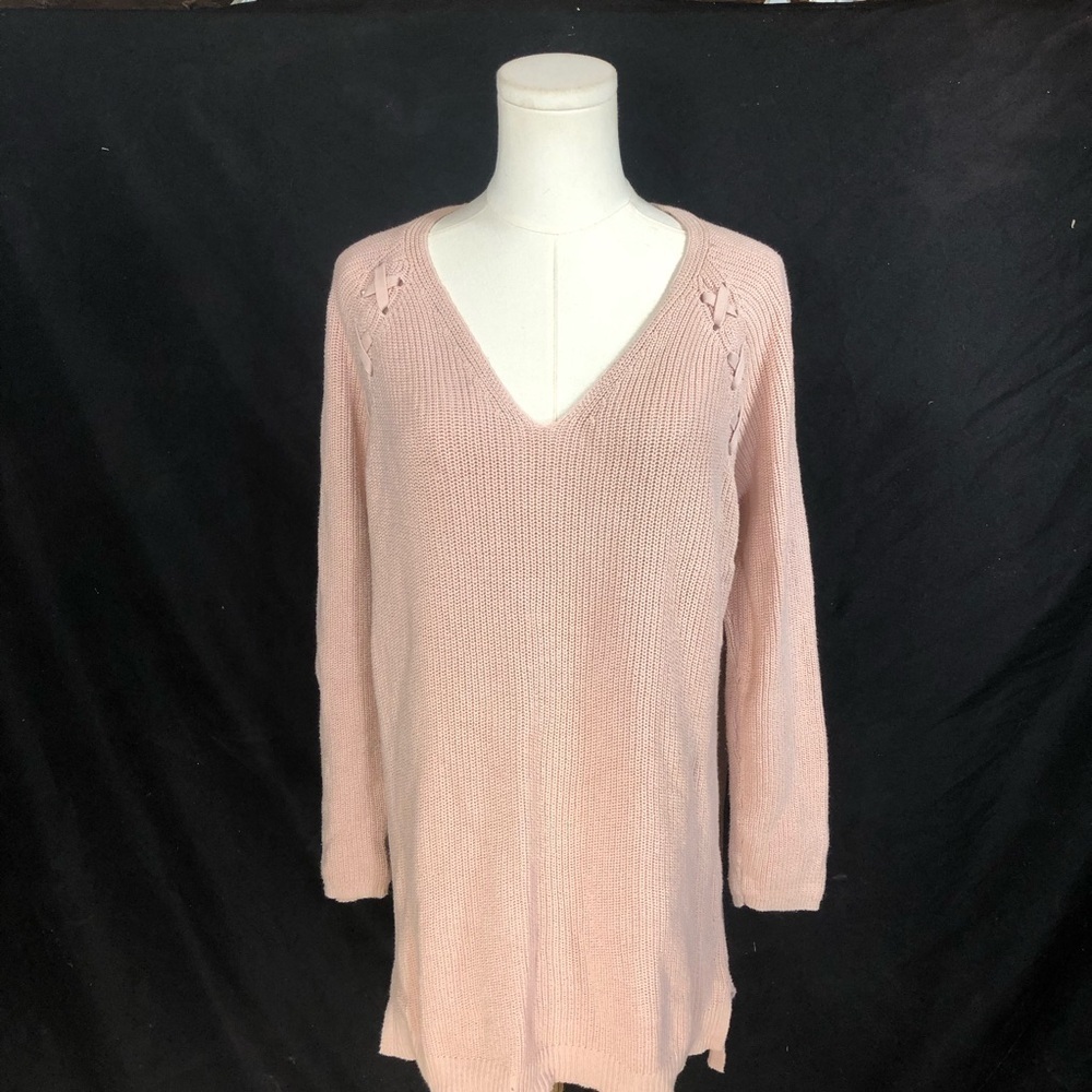Spring Cotton V-Neck Longline Knit Sweater in Blush Pink Size Medium